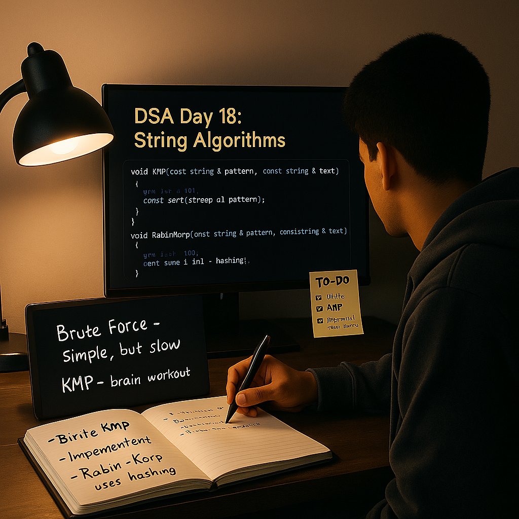 AskeriJameel's tweet image. ๐งต Day 18 โ #DSAwithCPP
Entered the world of string algorithms ๐ฅ
โ Brute Force โ basic but slow
โ KMP โ pura brain fry
โ Rabin-Karp โ hashing game strong ๐ก
๐ To-do:
โช๏ธ KMP&Rabin-Karp code
โช๏ธ Pending Qs
KMP ne system hang kara diya โ but maze aa rahe hain! ๐ช
#100DaysOfCode