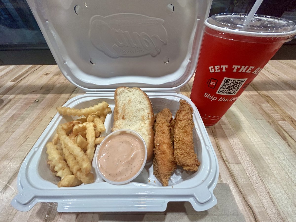 DCOutlook's tweet photo. First visit to @raisingcanes and I understand (some of) the fuss. Their menu is seriously limited, but their Chicken Fingers ($11.39 for a 3-finger combo) are literally something else... as in A-mazing. Flavorful/tender batter, lots of fleshy, marinated chicken with a uniquely tasty Cane's Sauce A-. Crinkle cut Fries are standard but darn good regardless (especially with the aforementioned Sauce) B. Sadly the Texas Toast was way underdone on one side, resulting in a soggy nothing. Is it that hard to toast bread? F No soda refills is a hiccup too, but I'll be back for seconds (and some of their Coleslaw too.) Overall Grade: B (The chicken is that good.)