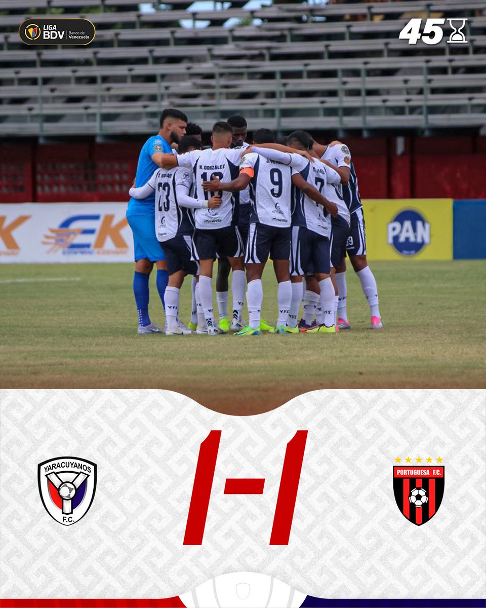 FCYaracuyanos's tweet image. ¡Final del primer tiempo en tablas!
Un gol por lado y todo por definirse en la segunda mitad. Nos vamos al descanso con la fe intacta y la convicción de buscar la victoria.
#DirectoALaGloria🇳🇱 #LigaBancoDeVenezuela