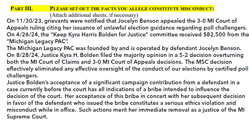 pjcolbeck's tweet photo. BREAKING:
The State of Michigan Judicial Tenure Commission determined that Justice Kyra H. Bolden's acceptance of an $82,500 "donation" from an organization founded by the defendant in a lawsuit before her court (Jocelyn Benson), in whose favor she subsequently wrote the majority opinion in favor of, did not warrant any "disciplinary proceedings" or "any other action".
It certainly appears that Bribery is no longer an act that merits "disciplinary action" in Michigan's judicial system.
Good news for Benson and Bolden.
Bad news for the rule of law in Michigan.
Let's see what the Federal Department of Justice has to say about this.
@RealLindellTV @realMikeLindell @VanessaBNews @EmeraldRobinson @MrJustinBarclay @MichiganBraden @BobCushman1776 @KaitlynBuss @stevegrub @MIGOP @CivilRights @EagleEdMartin @AGPamBondi @FBIDirectorKash @FBIDDBongino @KyraHBolden @JocelynBenson
