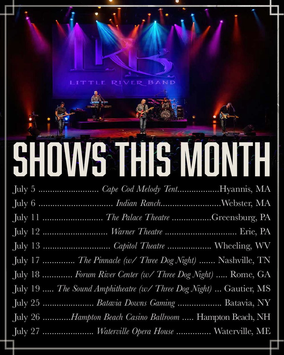 We’re live in Hyannis TONIGHT! 🎶 Cape Cod Melody Tent, you’re up first for a full month of shows! Check out all the dates below and come sing along — you know the words. 🎟️ Tickets: bit.ly/LRBTourDates25
#LRBLive #SummerTour #OnTour #LittleRiverBand #LiveMusic2025