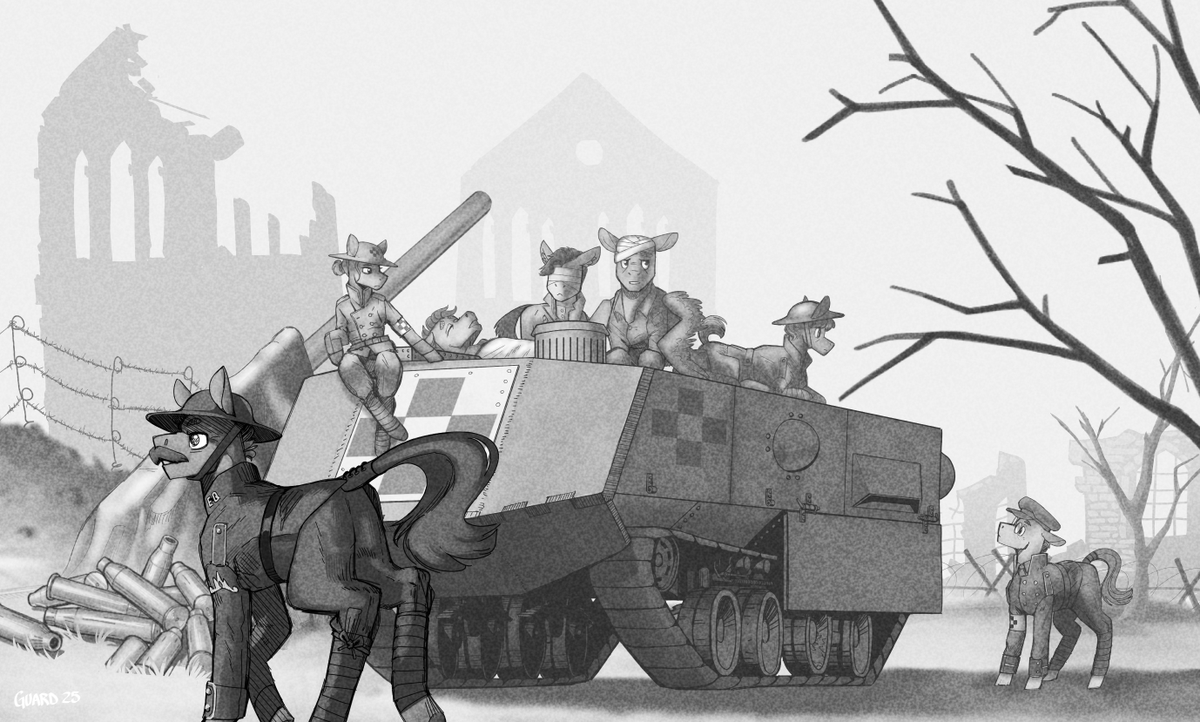 guard_mod's tweet image. An Equestrian armored ambulance makes its way back to a casualty collection point. A surgical technician relays the status of her patients to the chief surgeon.
Gift art for @ReddTheBat and their Great War Nurse Redheart headcanon!