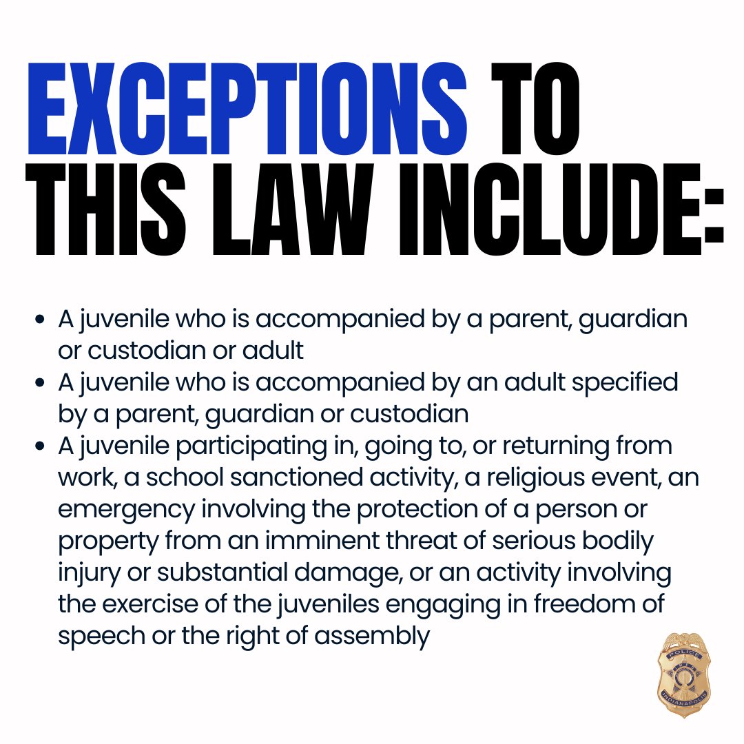 IMPDnews's tweet image. Indiana’s curfew law is in place to help keep young people safe. 

IMPD will use every tool at our disposal to enforce it, because our top priority is the preservation of life. Let’s work together to keep our young people safe.