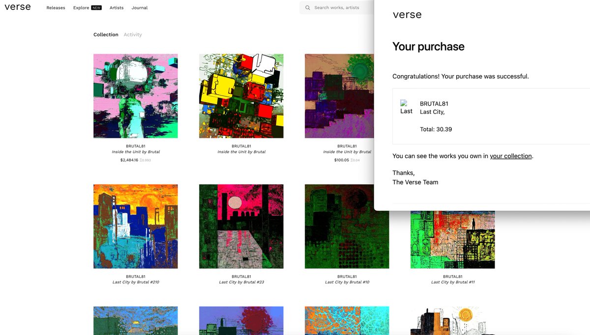 ᴮᴿᵁᵀᴬᴸ (@brutals81) on Twitter photo I just bought one of my own artworks on the secondary market to test the experience and how smooth the purchase process is on <a href="/verse_works/">verse</a>  — I like it! ✔️
verse.works/@brutaleth I just bought one of my own artworks on the secondary market to test the experience and how smooth the purchase process is on <a href="/verse_works/">verse</a>  — I like it! ✔️
verse.works/@brutaleth
