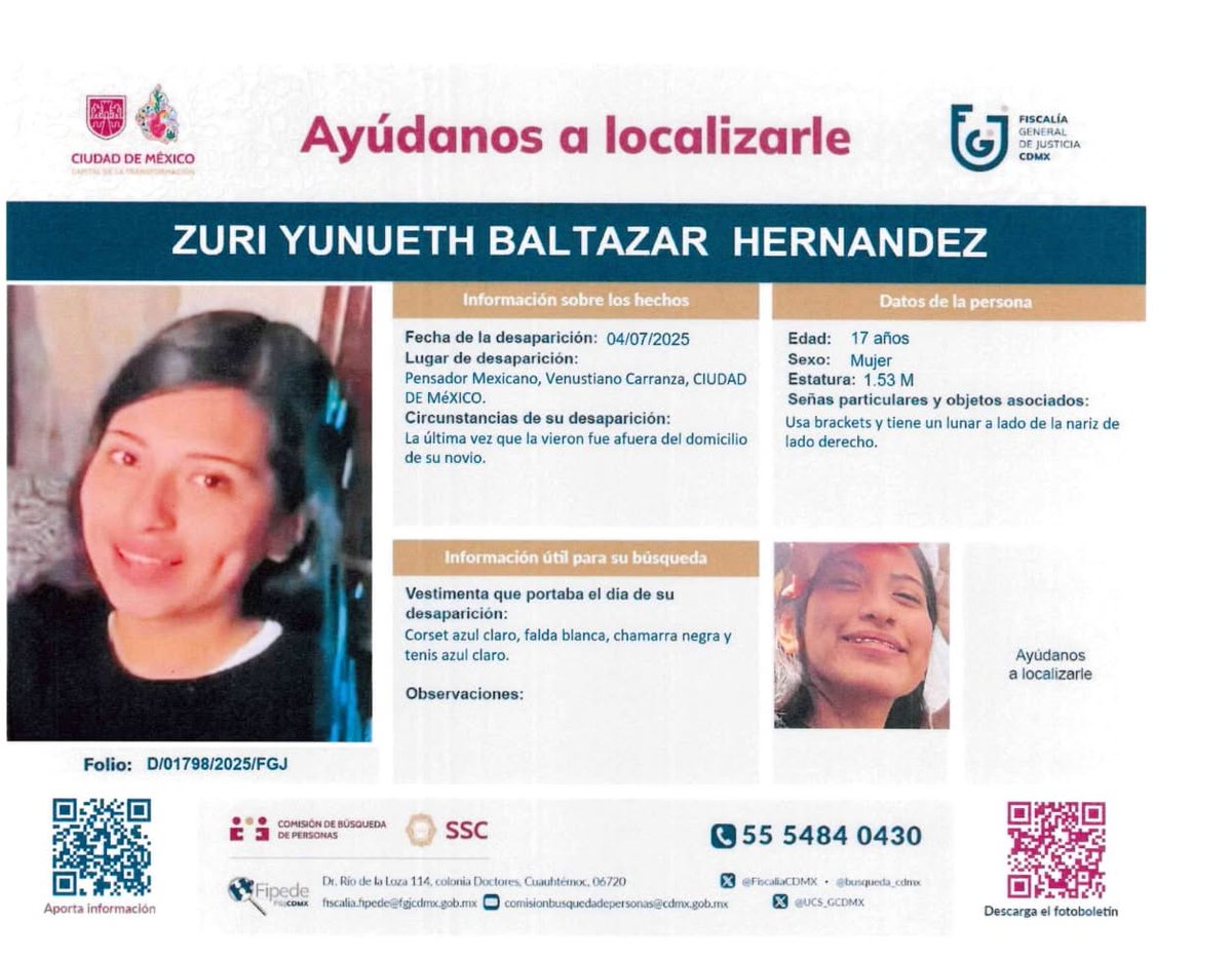 #BoletínDeBúsqueda | Solicitamos tu apoyo para localizar #Zuri Yunueth Baltazar Hernández.

Cualquier información relacionada con su paradero, por favor comunícate al 55 5484 0430.