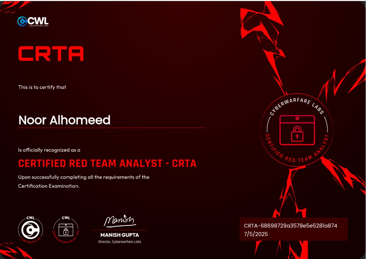 عودًا حميدًا للشهادات بعد إنقطاع والانشغال بالدراسة. بفضل الله وعونه حصلت على CRTA، الاختبار خفيف لطيف وممتع

Back again! I have successfully passed the Certified Red Team Analyst (CRTA) exam by <a href="/cyberwarfarelab/">CyberWarFare Labs</a> in the new format! 

#CyberSecurity #infosec #redteaming