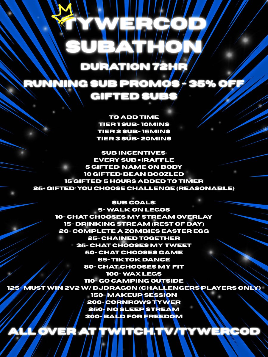 !SUBATHON DAY 2, I AM FINALLY AWAKE

KNOCKING OUT CHALLENGES TONIGHT, TAP IN CHAT

<a href="/POBOesports/">POBO</a> 

twitch.tv/tywercod