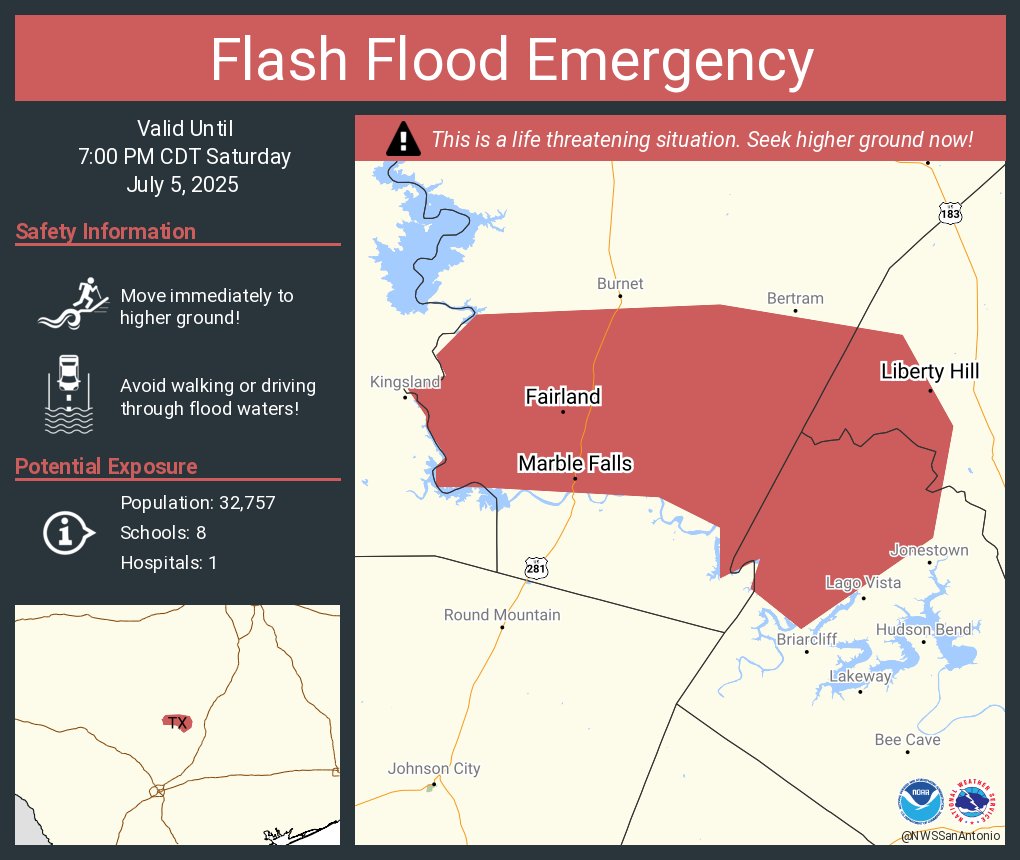 Flash Flood Emergency continues for Marble Falls TX, Granite Shoals TX and  Liberty Hill TX until 7:00 PM CDT