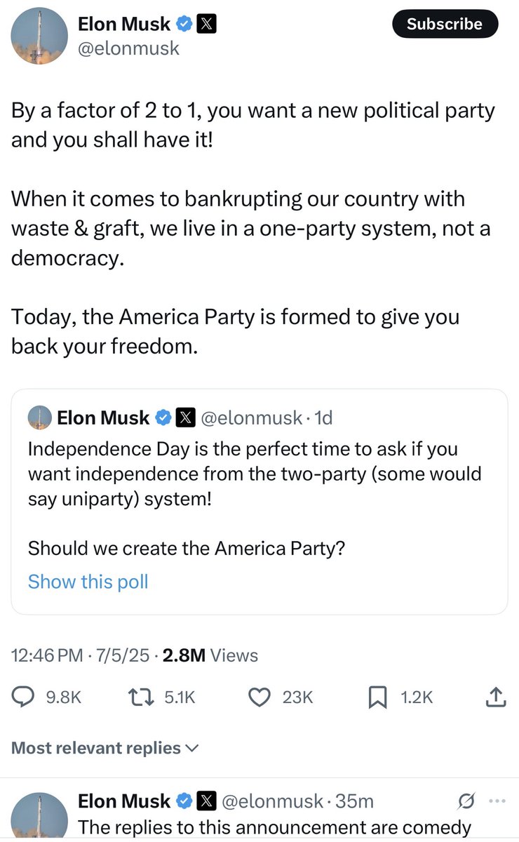 "Today, the America Party is formed to give you back your freedom."

- Elon Musk July 5 2025