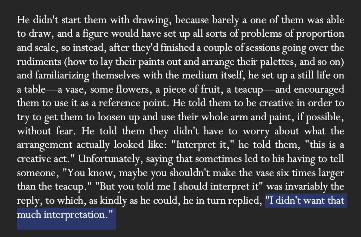 diedisappointed's tweet image. love this little bit in Philip Roth's Everyman, where the narrator is trying to teach painting to a bunch of retirees.