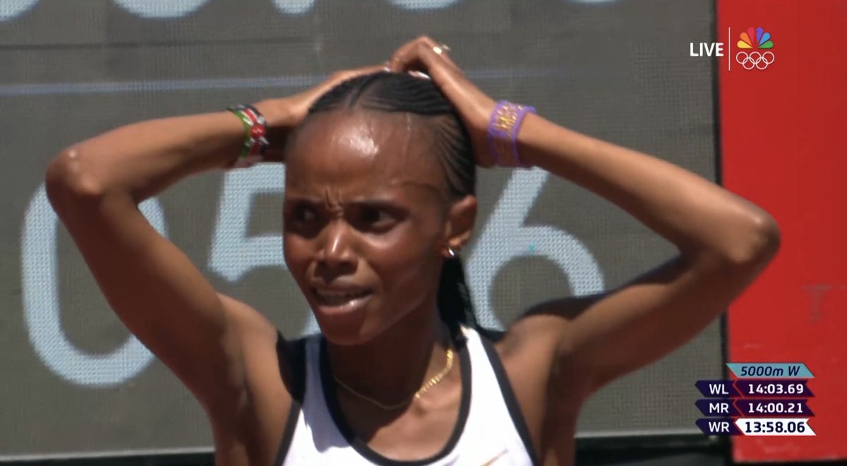 🚨OH MY GOODNESS! WORLD RECORD!🚨

Beatrice Chebet takes the women's 5000m under 14 minutes, pulling away from Gudaf Tsegay and Agnes Ngetich over the final 200m to break the tape in an unbelievable mark of 13:58.06.

1 - Beatrice Chebet 🇰🇪 – 13:58.06
2 - Agnes Jebet Ngetich 🇰🇪 –