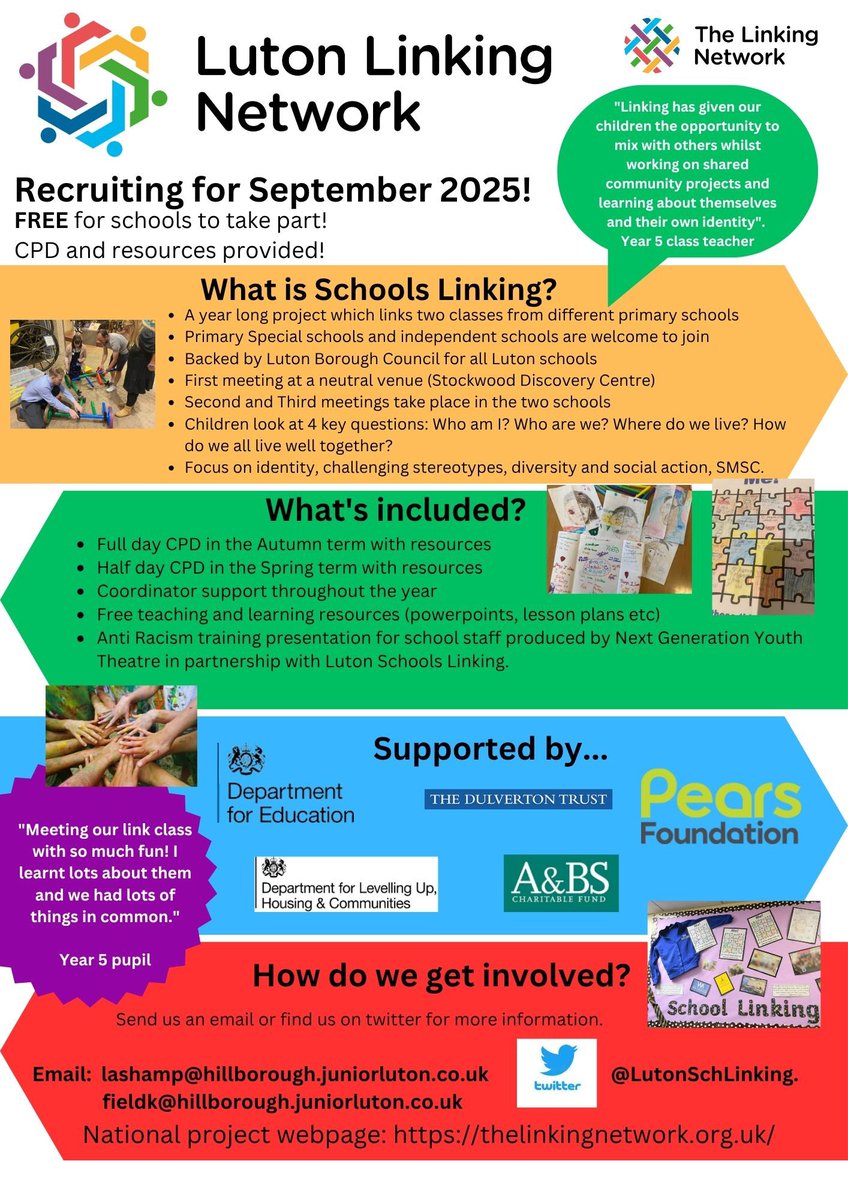 Are you a junior/primary school in Luton or nearby? 

Want to join our FREE Schools Linking project? 

Have a read below and get in touch! #LutonLinking #SchoolsLinking