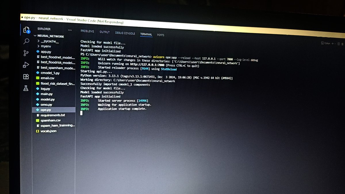 OpeyemiBolatit1's tweet image. Added the if __name__ == &quot;__main__&quot; loop to my training, testing, and interactive sections to prevent them from running when I launch the API file. Now focusing on integrating the model with FastAPI and testing everything through Swagger UI.
#buildingfortomorrow 
#buildinpublic