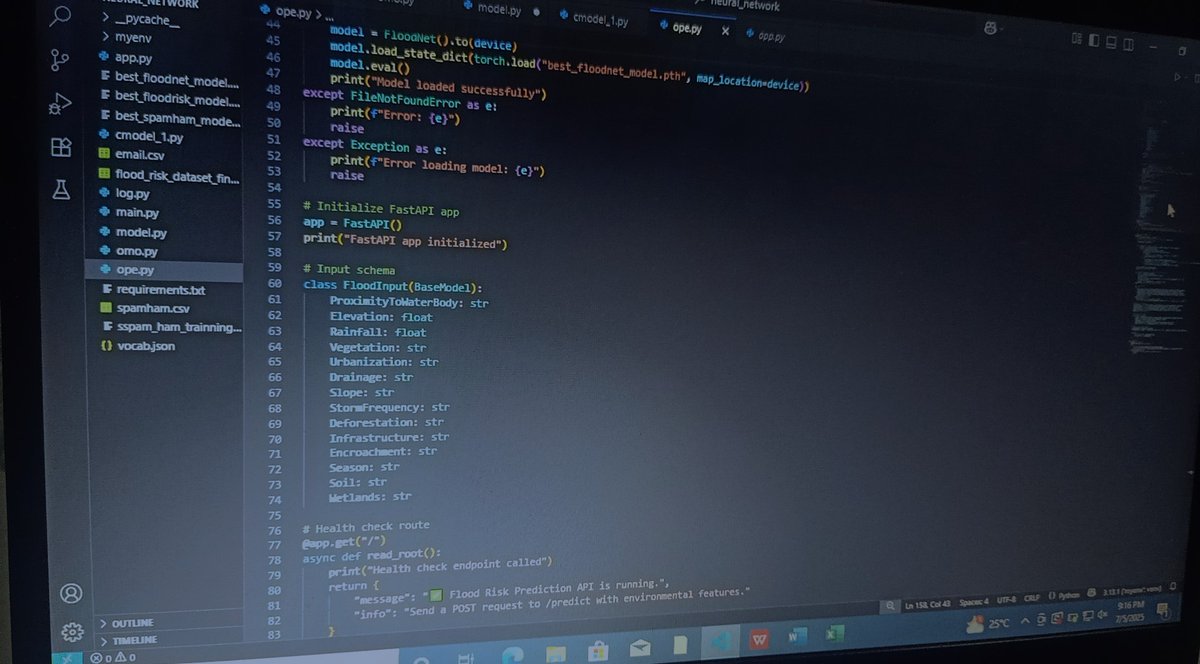OpeyemiBolatit1's tweet image. Added the if __name__ == &quot;__main__&quot; loop to my training, testing, and interactive sections to prevent them from running when I launch the API file. Now focusing on integrating the model with FastAPI and testing everything through Swagger UI.
#buildingfortomorrow 
#buildinpublic
