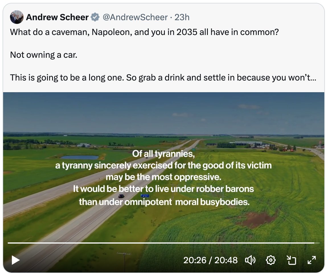 Andrew Scheer just released a 20 minute video on electric vehicles, one that concludes with a quote suggesting that the federal government's EV mandate amounts to "tyranny". 

It's like he's trying to prove the points I made in my latest column: 

nationalobserver.com/2025/07/04/opi…