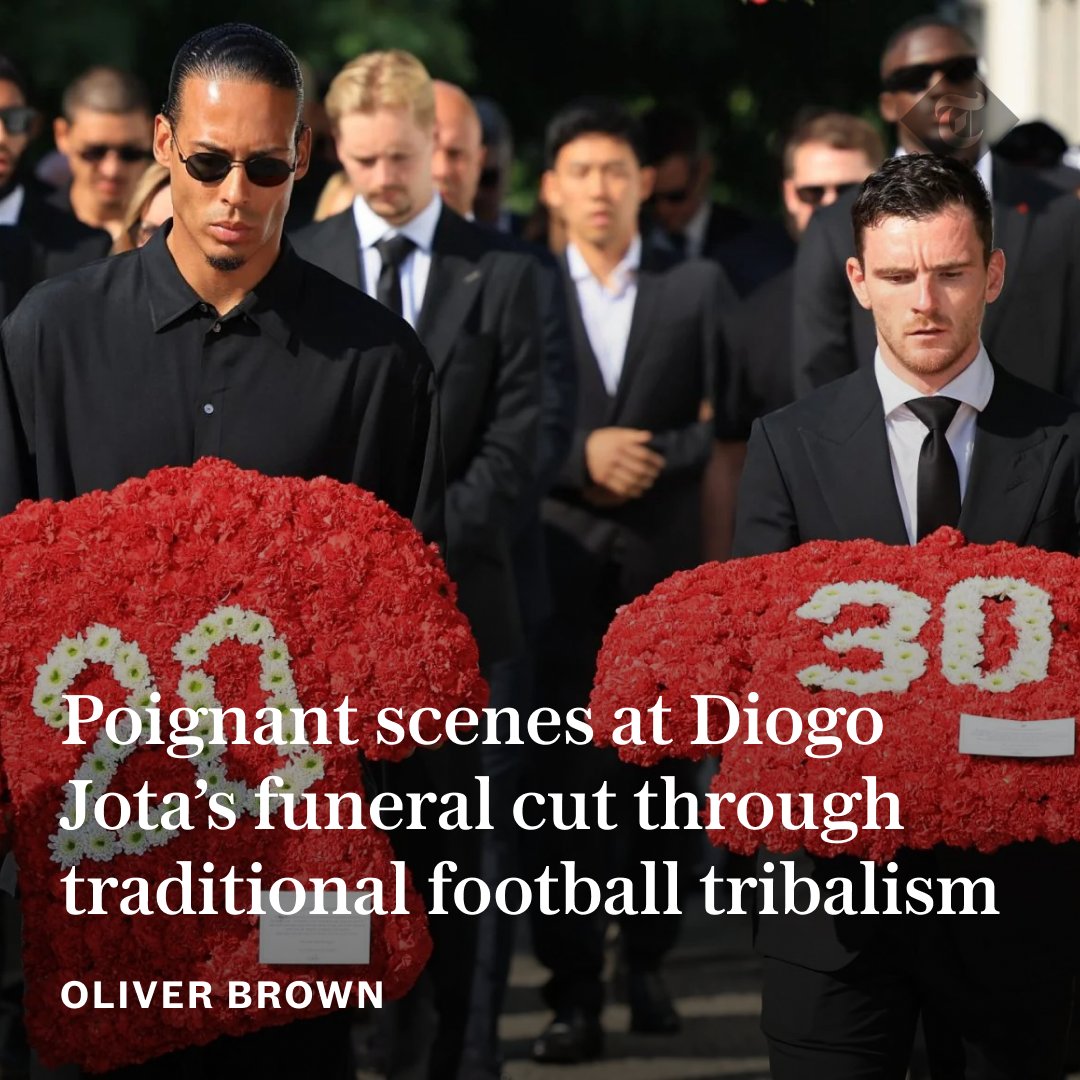 Sunglasses concealing his tears, Virgil van Dijk carried a wreath of flowers artfully sculpted into a replica of Diogo Jota’s Liverpool ‘20’ shirt, a jersey so freighted with pain that it would never be worn again⬇️
telegraph.co.uk/football/2025/…