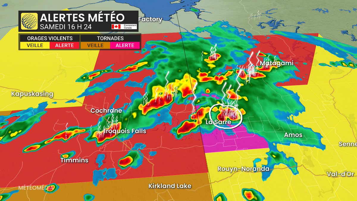 Orages violents au Québec avec la 1ère alerte de tornade émise en Abitibi.
#meteoQC #mm
