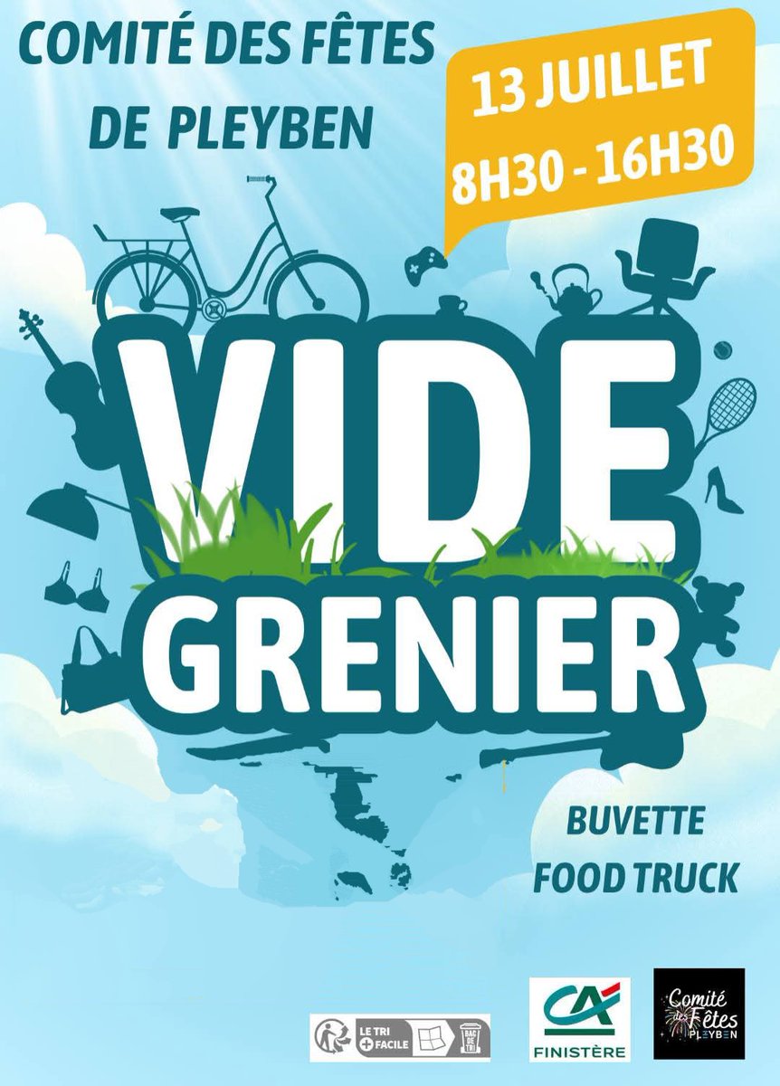 Dimanche 13 juillet !
entrée gratuite. De 8h a 16h30.
Place Charles de Gaulle.
#videgrenier #pleyben