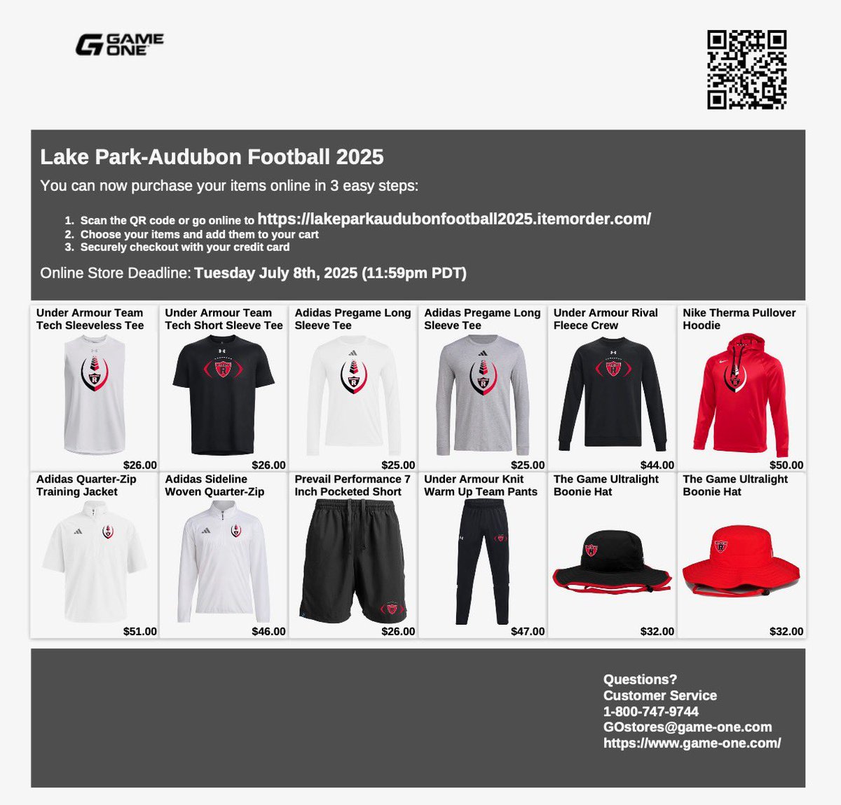 Reminder that our Team store will close Tuesday, July 8th. Still time to get some Raider Football Gear for the Season!

Store Link:  …parkaudubonfootball2025.itemorder.com/shop/home/