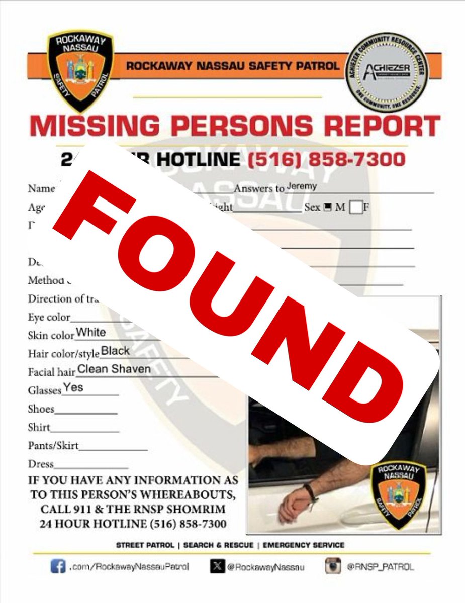 RNSP (@rockawaynassau) on Twitter photo As a result of the excellent #collaboration between <a href="/NassauCountyPD/">NCPD</a> 7th Precinct, NCPD Missing Persons Detectives and RNSP Shomrim's SAR Team, this #MissingPerson was found safe and sound after a tireless search and reunited with his loved ones. Much thanks to <a href="/BPShomrim/">๐๐จ๐ซ๐จ ๐๐๐ซ๐ค ๐๐ก๐จ๐ฆ๐ซ๐ข๐ฆ</a>, As a result of the excellent #collaboration between <a href="/NassauCountyPD/">NCPD</a> 7th Precinct, NCPD Missing Persons Detectives and RNSP Shomrim's SAR Team, this #MissingPerson was found safe and sound after a tireless search and reunited with his loved ones. Much thanks to <a href="/BPShomrim/">๐๐จ๐ซ๐จ ๐๐๐ซ๐ค ๐๐ก๐จ๐ฆ๐ซ๐ข๐ฆ</a>,