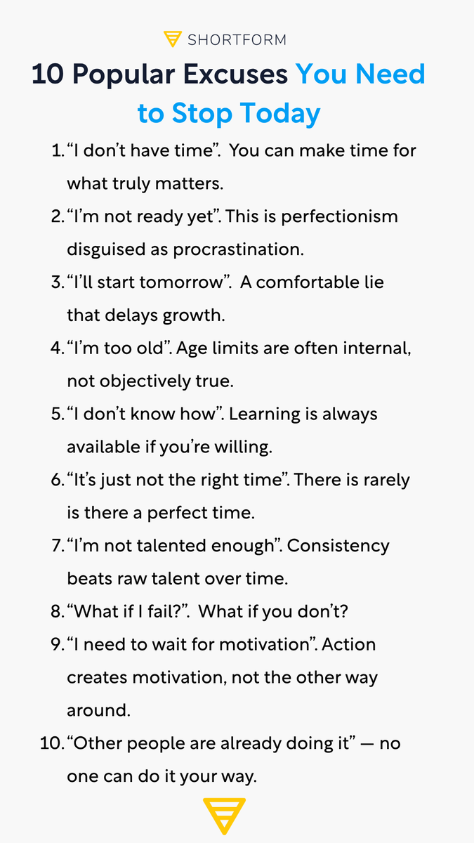 _shortform's tweet image. Here are 15 popular excuses that might be holding you back. Time to call them out and move forward! ⌛👇
