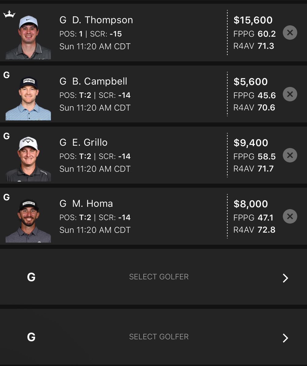 🚨 DraftKings Lineup Alert! 🚨 
Final Round of the John Deere Classic! 

Check out this 🔥 lineup: 
- MVP Thompson ($15,600, FPPG 60.2)  
- G B. Campbell ($5,600, FPPG 45.6)  
- G E. Grillo ($9,400, FPPG 58.5)  
- G M. Homa ($8,000, FPPG 47.1)  
Tee off at 11:20 AM CDT!