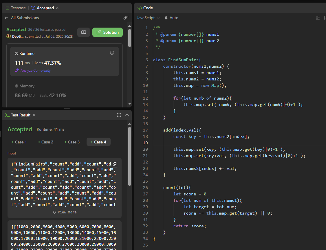 DevGod9's tweet image. #Leetcode 1865, because nums1 array is only 1k elements at most, we can use nums 2 as a freqency map. Count method can then be a 1k element loop at worst. Add method can just reduce the previous freqs, and increment the new freqs from adding val to nums2. #JS #Hashmap #Design