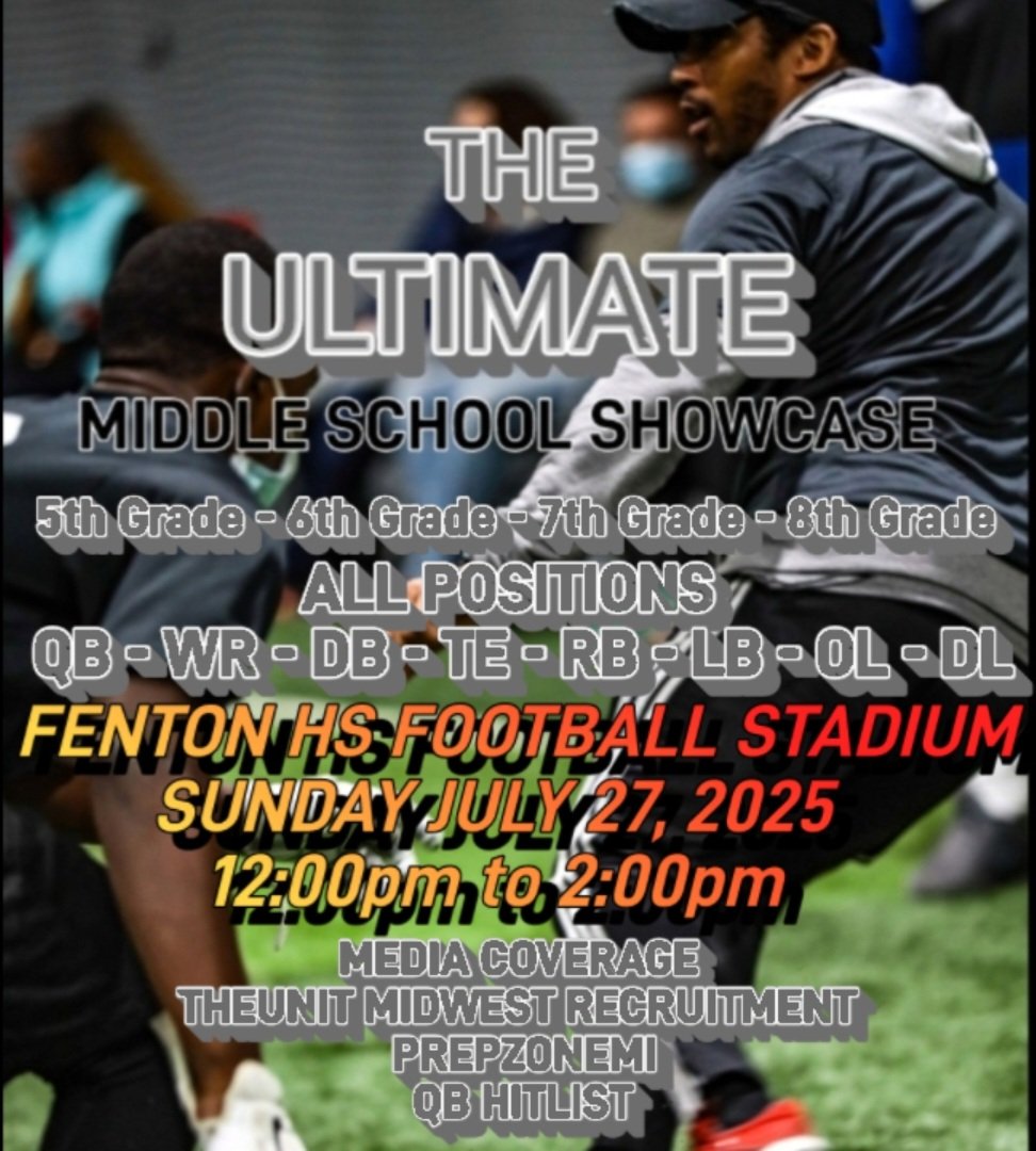 Joe Tramble (@tramblejoe) on Twitter photo THE ULTIMATE MIDDLE SCHOOL SHOWCASE <a href="/QBHitList/">QBHitList.com</a> <a href="/18bstank/">Coach Stank</a> <a href="/TylerEliteQb1/">Uriel Tyler</a> <a href="/alex_pallone/">Alex Pallone</a> <a href="/DaBossHog_/">Coach Green</a> <a href="/Coachvon05/">Kelvon roberts</a> <a href="/MarcSutherland_/">Marcus Sutherland</a>
Still Need WR'S/DB'S/LB'S
Athletes Get Registered ASAP theunitmr.com/Camps/the-ulti…
Class: 2029 - 2030 - 2031 - 2032
All Positions:
QB,WR,DB,TE,RB,LB,OL,DL THE ULTIMATE MIDDLE SCHOOL SHOWCASE <a href="/QBHitList/">QBHitList.com</a> <a href="/18bstank/">Coach Stank</a> <a href="/TylerEliteQb1/">Uriel Tyler</a> <a href="/alex_pallone/">Alex Pallone</a> <a href="/DaBossHog_/">Coach Green</a> <a href="/Coachvon05/">Kelvon roberts</a> <a href="/MarcSutherland_/">Marcus Sutherland</a>
Still Need WR'S/DB'S/LB'S
Athletes Get Registered ASAP theunitmr.com/Camps/the-ulti…
Class: 2029 - 2030 - 2031 - 2032
All Positions:
QB,WR,DB,TE,RB,LB,OL,DL