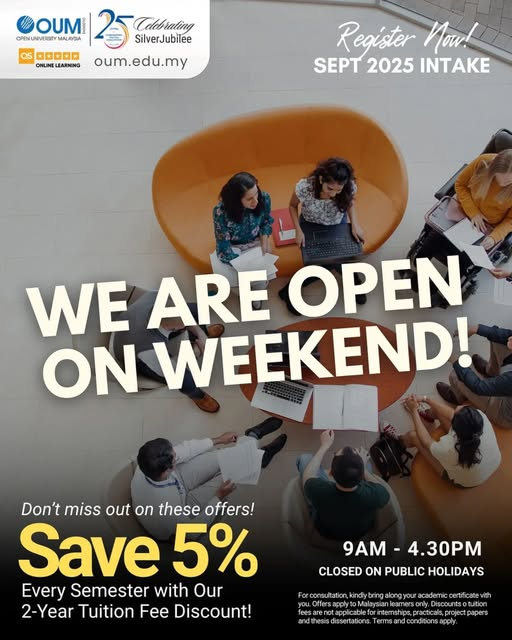 ManjungOum's tweet image. Come and meet us at any learning centre near you 
📷Now open for the Sept 2025 Intake.

Visit our learning centre to complete your registration. 

Please bring along your original documents and certificates.
linktr.ee/OUMManjung

#OpenUniversityMalaysia
#universityforall