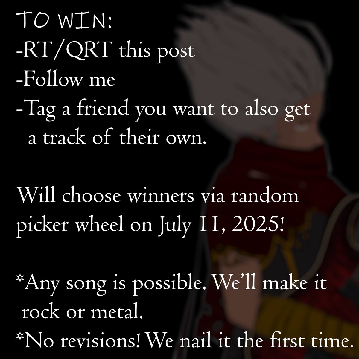 200th review GIVEAWAY!   Making 2 ROCK / METAL version of ANY song the winners! (yes, 2 winners!) choose! 

It's dedicated for the rock/metal vtubing community that helped me achieve this! 100+ reviews in 6 months is WILD!

 Instructions in how to join the photos 🤘