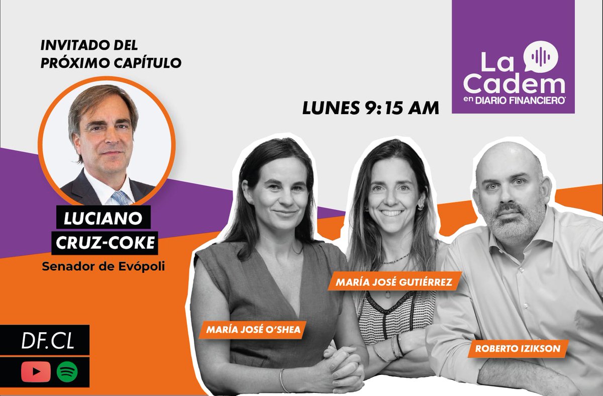 Cadem_cl (@cadem_cl) on Twitter photo 🎙️Este lunes en #LaCadem en <a href="/DFinanciero/">Diario Financiero</a>, el senador <a href="/lcruzcoke/">Luciano Cruz-Coke - SENADOR RM</a> conversará con <a href="/joseoshea/">María José O'Shea</a>, María José Gutiérrez y <a href="/rizikson/">Roberto Izikson</a> sobre el desempeño de Matthei en Plaza Pública y los ejes de la presidencial, tras el triunfo de Jara y la tensión con Kast. Te esperamos en nuestras redes 🎙️Este lunes en #LaCadem en <a href="/DFinanciero/">Diario Financiero</a>, el senador <a href="/lcruzcoke/">Luciano Cruz-Coke - SENADOR RM</a> conversará con <a href="/joseoshea/">María José O'Shea</a>, María José Gutiérrez y <a href="/rizikson/">Roberto Izikson</a> sobre el desempeño de Matthei en Plaza Pública y los ejes de la presidencial, tras el triunfo de Jara y la tensión con Kast. Te esperamos en nuestras redes