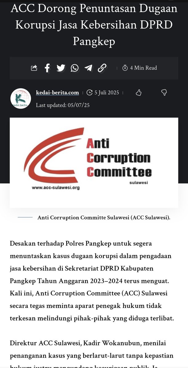 ACC Sulawesi : mendorong pihak polres pangkep mengusut tuntas pihak pihak yg di duga terlibat di kasus ini, jangan ada yg dilindungi
 kedai-berita.com/2025/07/05/acc…