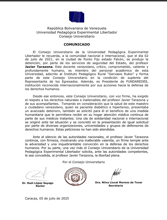 AproupelM's tweet image. #05Jul | Suma 4 años de la detención arbitraria y privación ilegítima de su libertad.
Prof. Javier Tarazona director de @FundaREDES_ aún sigue detenido, exigimos que sea puesto de inmediato en libertad.
Ser defensor de DDHH no es delito.
#LiberenAJavierTarazona