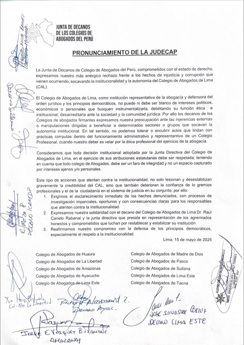 JUDECAP_OFICIAL's tweet image. 🔵 PRONUNCIAMIENTO DE LA JUDECAP | En defensa de la institucionalidad del CAL y el Estado de Derecho

Lima, 17 de mayo de 2025

#JUDECAP