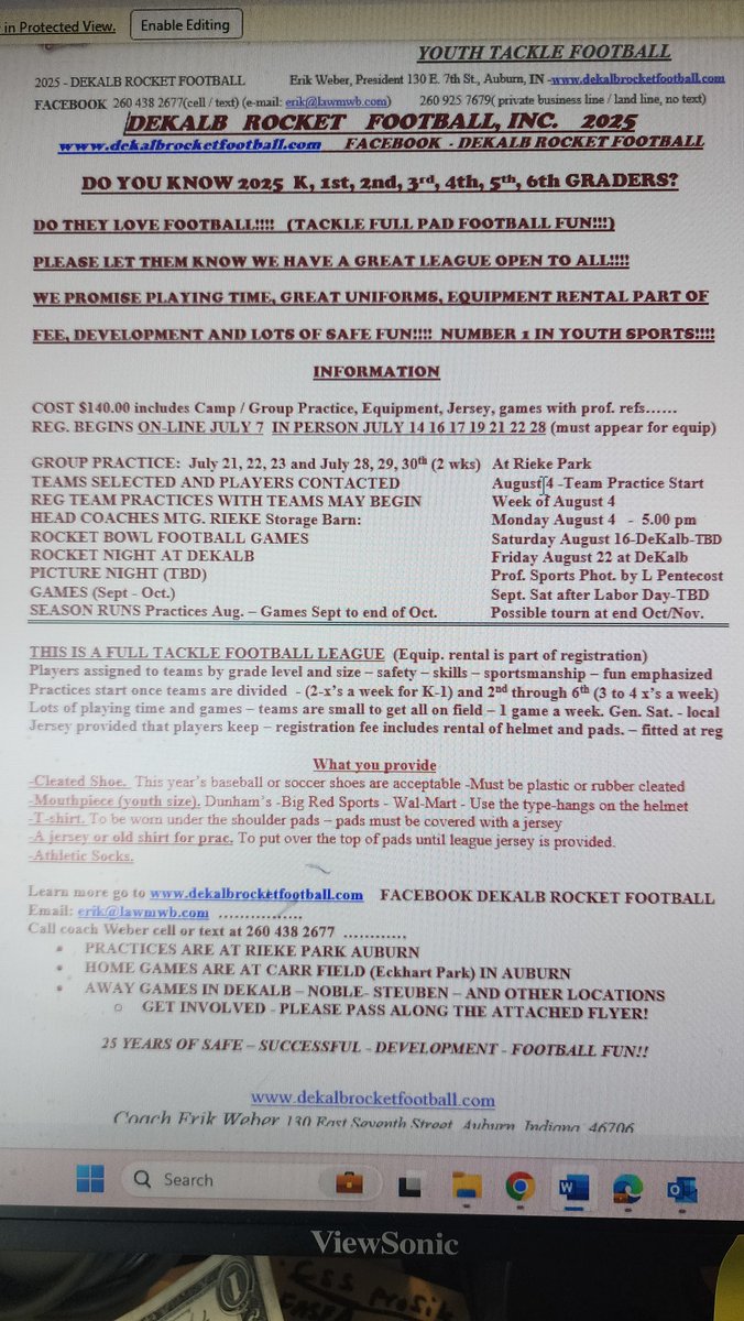 Erik Weber (@webererik10) on Twitter photo ROCKET FOOTBALL REGISTRATION STARTING UP. IF YOU KNOW OF K Thru 6thvget them involved. More info at dekalbrocketfootball.com or text 260 438 2677 or email erik@lawmwb.com ROCKET FOOTBALL REGISTRATION STARTING UP. IF YOU KNOW OF K Thru 6thvget them involved. More info at dekalbrocketfootball.com or text 260 438 2677 or email erik@lawmwb.com