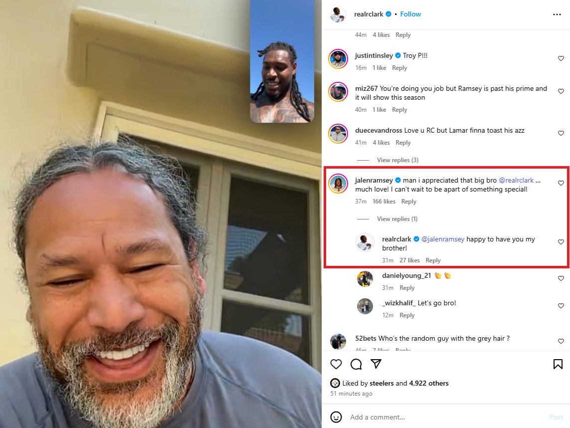 Steelersdepot's tweet photo. Jalen Ramsey to Ryan Clark on setting up his FaceTime call with Troy Polamalu; "man i appreciated that big bro realrclark … much love! I can’t wait to be apart of something special!"

#Steelers #NFL https://t.co/wSVeuQ3Nrj