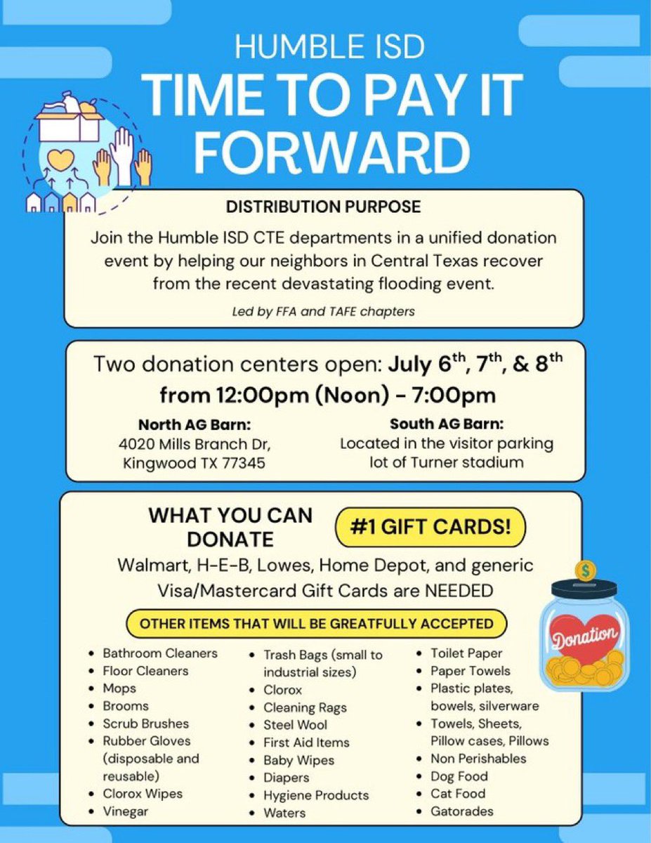 Madeline Seagraves (@coachseagraves) on Twitter photo Our hearts and prayers are with the families impacted in Central Texas. In moments like this, we’re reminded how much we need one another. Let’s show up for our Texas family. Please see the flyer below for ways to help! #TexasStrong #SupportEachOther
<a href="/HumbleISD_HHS/">Humble High School</a> <a href="/HumbleISD_Ath/">Humble ISD Athletics</a> Our hearts and prayers are with the families impacted in Central Texas. In moments like this, we’re reminded how much we need one another. Let’s show up for our Texas family. Please see the flyer below for ways to help! #TexasStrong #SupportEachOther
<a href="/HumbleISD_HHS/">Humble High School</a> <a href="/HumbleISD_Ath/">Humble ISD Athletics</a>