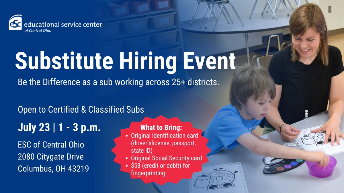 📣 Substitute #Hiring Event 📣 

Looking for a substitute opportunity where you can #BeTheDifference? Join us on July 23 to learn how you can work substitute with the ESC! Open to certified and classified subs—no registration required!