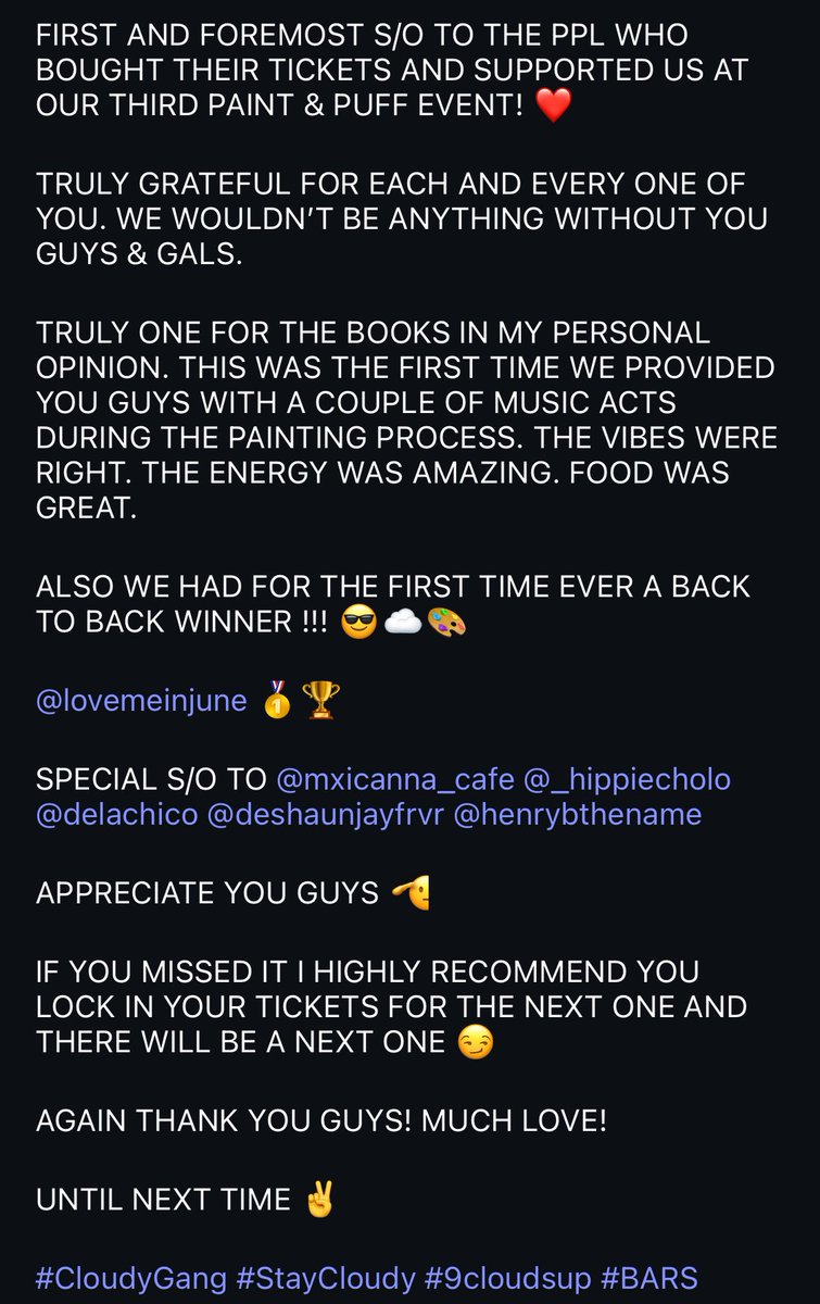 <a href="/9cloudsuptexas/">9CloudsUp</a> PAINT &amp; PUFF III

<a href="/BARStvChannel/">Battle Artist Respect Status</a> #edition 

#StayCloudy #CloudyGang #BARS