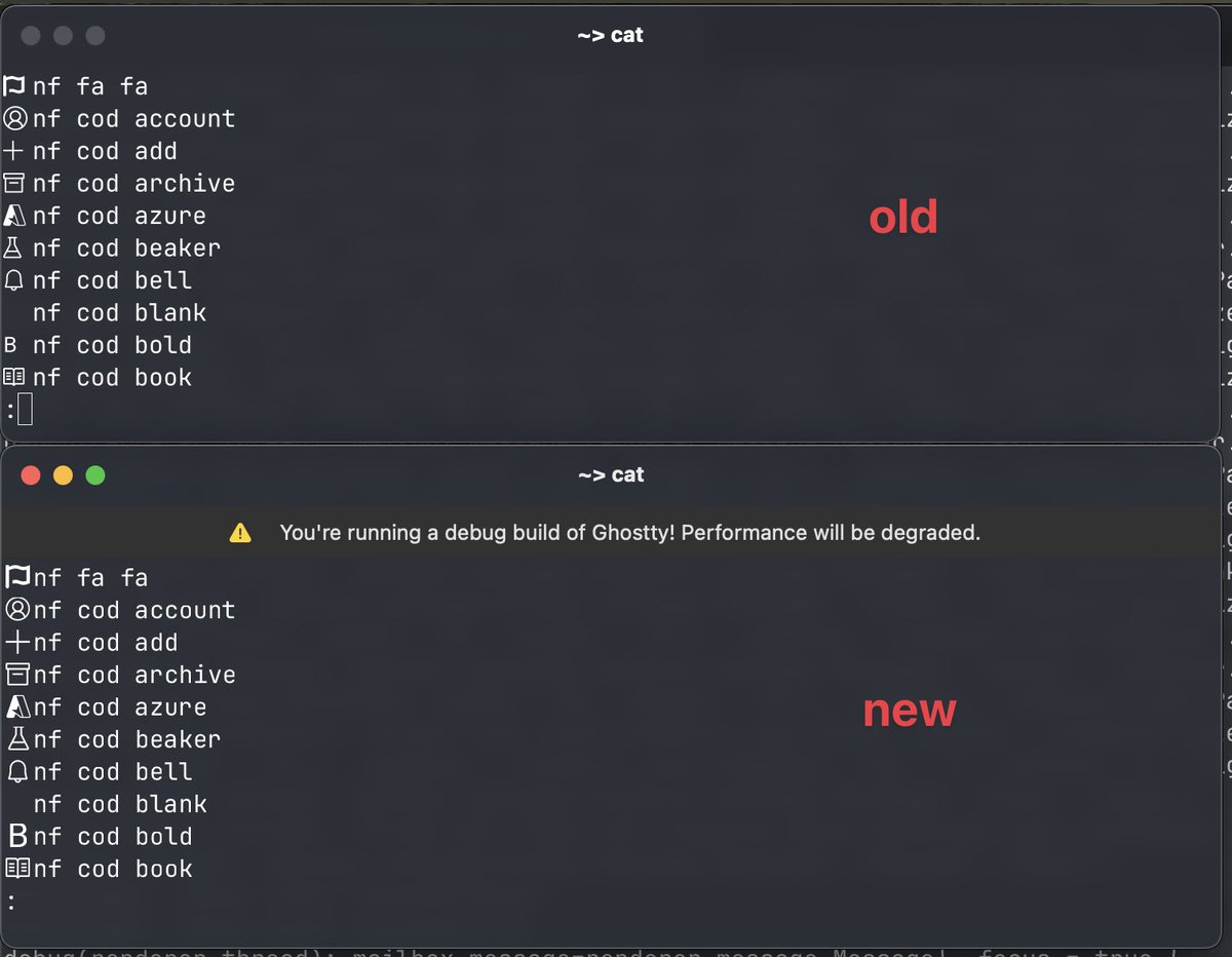 Another banger font PR from Qwerasd. Ghostty now parses the Nerd font patcher to map the constraints into Zig, then applies them dynamically for your grid size, so Nerd font symbols appear perfect regardless of font. Also our binary size went down by 20%. github.com/ghostty-org/gh…