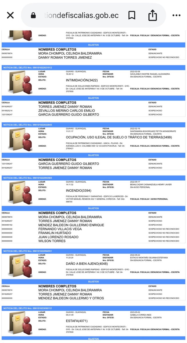 Solo basta conocer la historia de la comuna de Chongon y de sus moradores para conocer la historia del tremendo delincuente que es este infeliz. 

Búsquenlo en el sistema de la fiscalía y las denuncias por estafa y por tráfico de tierras es lo que más abunda. Sus nombres son