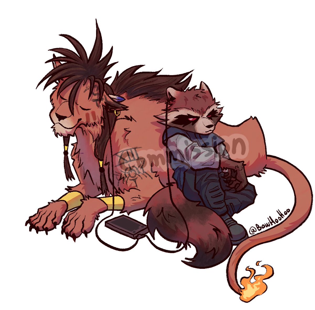 BowHooHoo's tweet image. Cell shade commission of rocket and Nanaki listening a music :3 commissioner says rocket is warming up to nanaki

#rocketraccoon #gotg
 #nanaki #finalfantasy