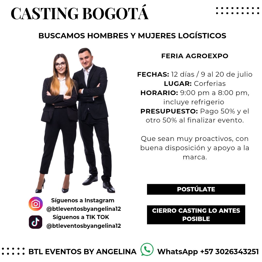 btleventoscol12's tweet image. CASTING BOGOTÁ
Se buscan hombres y mujeres logísticos
#logisticos #HOMBRES #MUJERES #feria #corferias #bogota
Mayor información por Whatassp 3026343251
BTL EVENTOS BY ANGELINA 💜