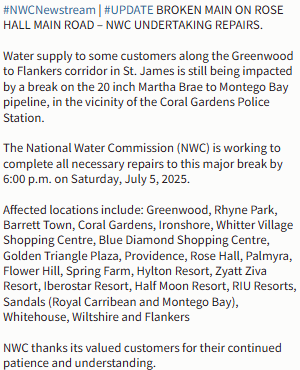 #NWCNewstream | #UPDATE BROKEN MAIN ON ROSE HALL MAIN ROAD – NWC UNDERTAKING REPAIRS.

Water supply remains disrupted for some Greenwood to Flankers customers due to a pipeline break near Coral Gardens Police Station.

See full release: