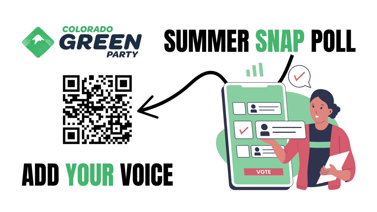 greenpartyCO's tweet image. ICYMI: Take our Summer Snap Poll & share your thoughts on #Colorado politics! 🌟
Some of the top issues so far: affordable childcare, student loan forgiveness, high-speed rail, safer public transit, & healthcare for all. #copolitics
Add your voice 👉 tinyurl.com/t84aufc7