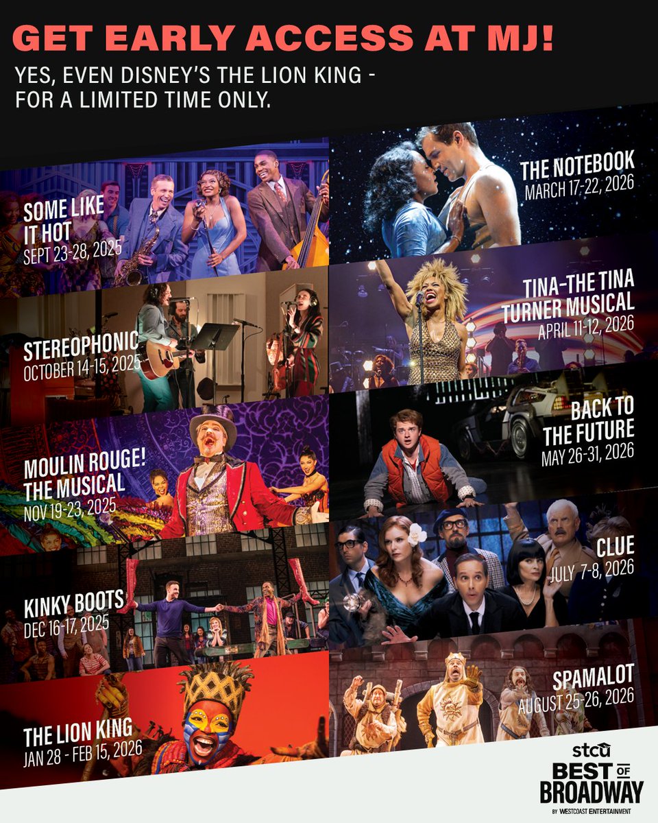 🎉 EARLY ACCESS just for MJ attendees!
Join us at the theater July 8-13 and unlock exclusive access to tickets for all shows in the 2025–26 STCU Best of Broadway Season - yes, including Disney’s The Lion King!

Don’t miss your chance to claim your seats before the general public!