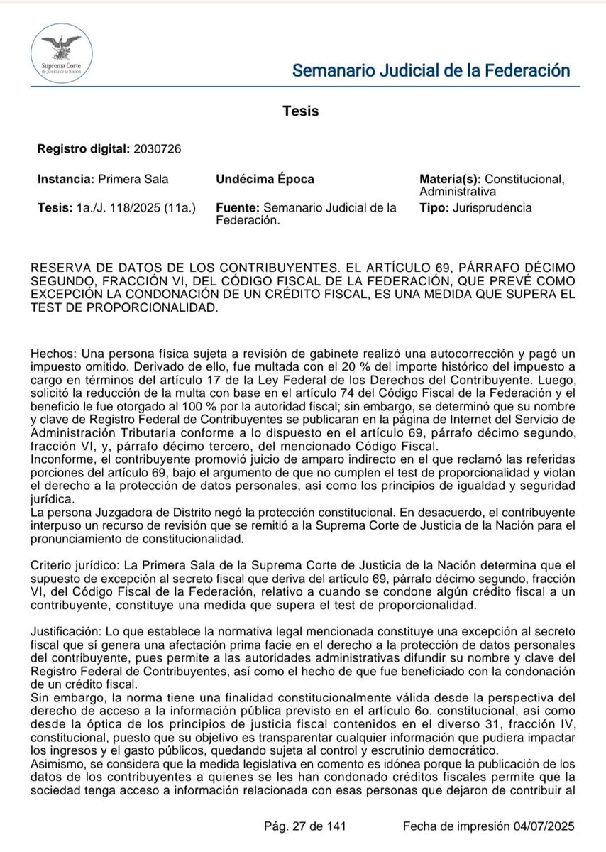 lepelcastre's tweet photo. 🚨 La @SCJN validó que el SAT publique los datos de contribuyentes a quienes se les condonó un crédito fiscal.

⚖️ La transparencia sobre el uso de recursos públicos prevalece sobre la privacidad de la persona beneficiaria.

🧾 Tesis 1a./J. 118/2025 (11a.)
📅 Obligatoria desde el 7 de julio de 2025.