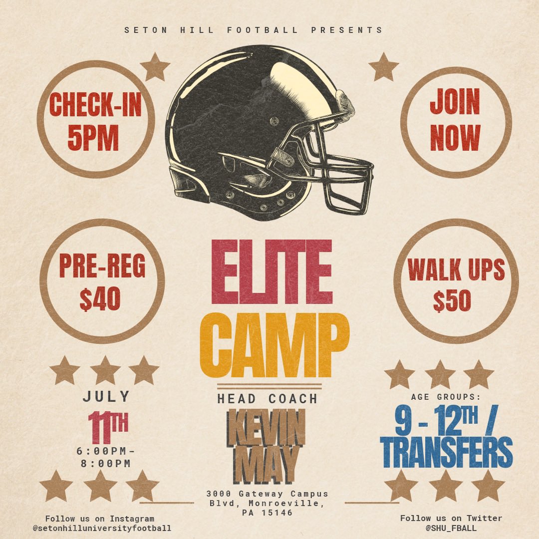James Coleman (@coachcolemanshu) on Twitter photo Less than a week away 🗣️
Last opportunity this summer to EARN a scholarship ‼️ 
Sign up now for our LAST camp July 11th 👇
setonhillfootballcamps.totalcamps.com/shop/EVENT Less than a week away 🗣️
Last opportunity this summer to EARN a scholarship ‼️ 
Sign up now for our LAST camp July 11th 👇
setonhillfootballcamps.totalcamps.com/shop/EVENT