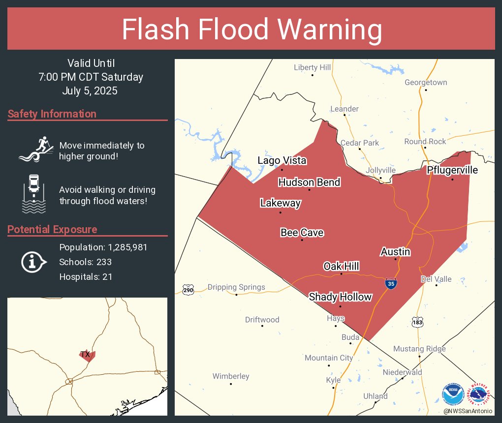 Flash Flood Warning continues for Austin TX, Pflugerville TX and  Wells Branch TX until 7:00 PM CDT
