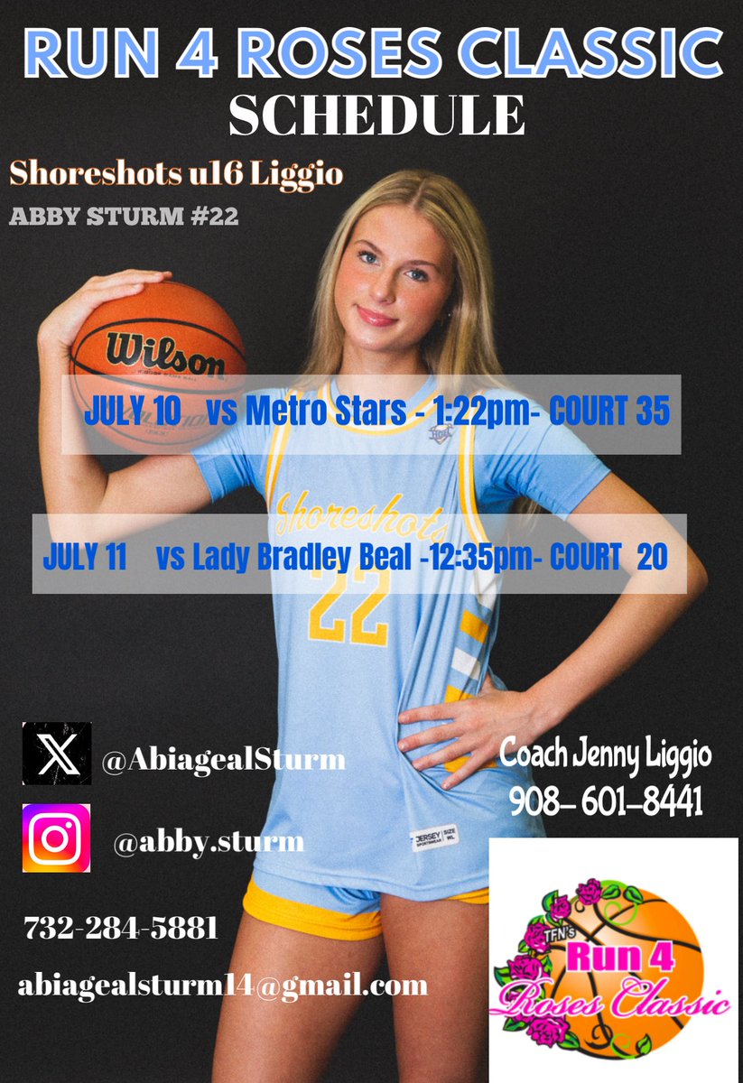 Abby Sturm (@abiagealsturm) on Twitter photo Here is my Run 4 The Roses Schedule! So excited to head on over to Kentucky! And compete with my Shoreshots u16 Liggio team. Coaches come check us out!! 🩵🧡
<a href="/ShoreshotsGirls/">NJ Shoreshots Girls- HGSL</a> @Shoreshots26_27 <a href="/TinyGreenNBS/">Coach Tiny Green</a> <a href="/rbcgirlshoops/">RBC Girls Basketball</a> Here is my Run 4 The Roses Schedule! So excited to head on over to Kentucky! And compete with my Shoreshots u16 Liggio team. Coaches come check us out!! 🩵🧡
<a href="/ShoreshotsGirls/">NJ Shoreshots Girls- HGSL</a> @Shoreshots26_27 <a href="/TinyGreenNBS/">Coach Tiny Green</a> <a href="/rbcgirlshoops/">RBC Girls Basketball</a>